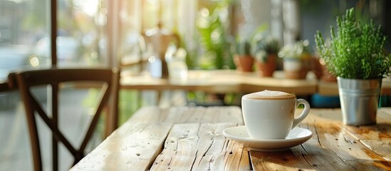 Aufkleber - coffee cup or coffee maker on the table , beautiful cafe . with copy space image. Place for adding text or design