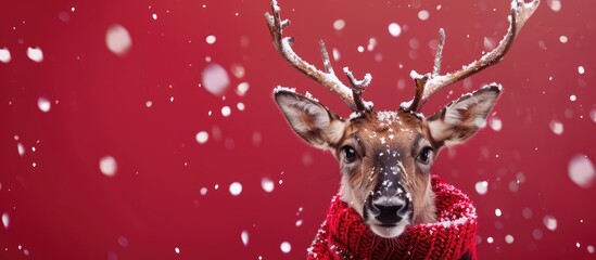 Poster - Creative beautiful Christmas greeting card with funny reindeer face. Copy space image. Place for adding text or design