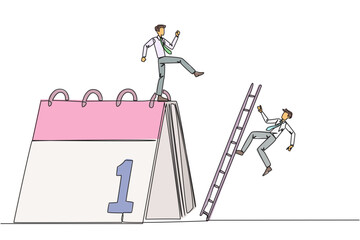 Poster - Continuous one line drawing businessman kicks opponent who is climbing a desk calendar with a ladder. Vacations will be canceled due to many deadlines. Single line draw design vector illustration