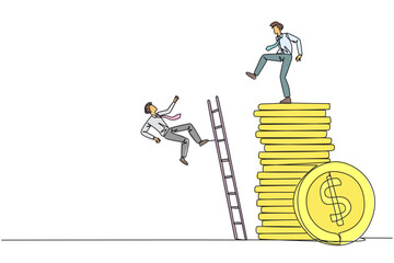 Poster - Single continuous line drawing businessman kicks opponent who climbing a pile of coins with a ladder. Greed for wealth. Forgetting comrades in arms. The traitor. One line design vector illustration