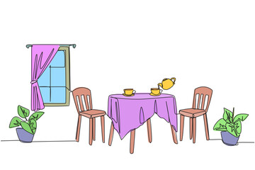 Poster - single continuous line drawing stylish room with full furniture modern. relaxing space for drinking 