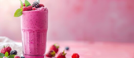 Fototapete - Tasty organic smoothie in glass isolated on pastel background. with copy space image. Place for adding text or design