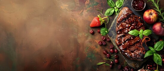 Aufkleber - Grilled meat with fruit and jam pastel background Food. with copy space image. Place for adding text or design