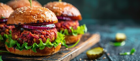 Aufkleber - Source of fibre plant based vegan soya protein grilled burgers, meat free healthy food close up. with copy space image. Place for adding text or design