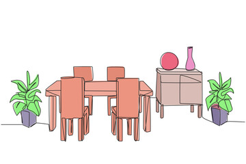 Poster - Single continuous line drawing stylish dining room with full furniture modern. Vintage style dining table. Additional decorative increase the feeling of comfort. One line design vector illustration