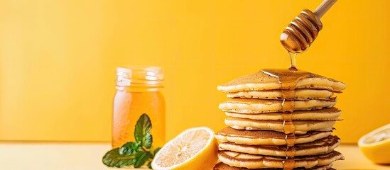 Aufkleber - Pancakes and honey pastel background Food  Isolated. with copy space image. Place for adding text or design