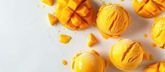 Leinwandbilder - Creative layout made of mango ice cream on the white background. Flat lay. Food concept. Macro concept. Vegan ice ream. Copy space image. Place for adding text or design