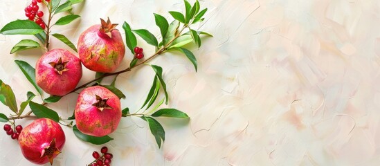 Aufkleber - Pomegranate branch with green leaves and bud on pastel background. with copy space image. Place for adding text or design