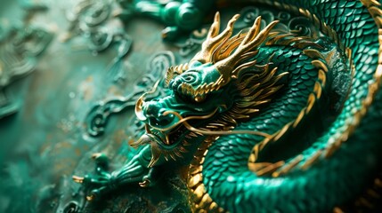 Wall Mural - Emerald Green and Gold Dragon Artwork - Generative AI