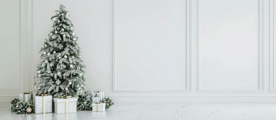Poster - Christmas tree with decor in pastel white interior background. with copy space image. Place for adding text or design