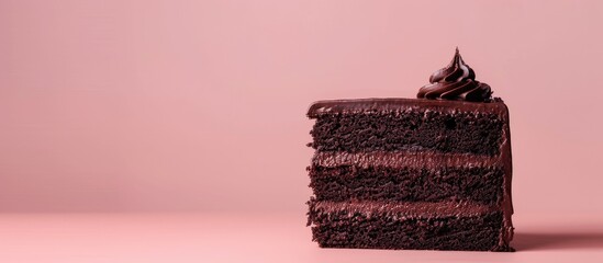 Fototapete - Dark chocolate cake, Chocolate cake slice pastel background. with copy space image. Place for adding text or design