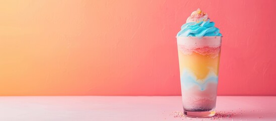 Poster - colored drink with foam Isolated on pastel background. with copy space image. Place for adding text or design