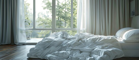 Wall Mural - Morning at modern home bedroom - crumpled bed with white bed linens, sheet, pillows, blanket, grey curtains and window. with copy space image. Place for adding text or design