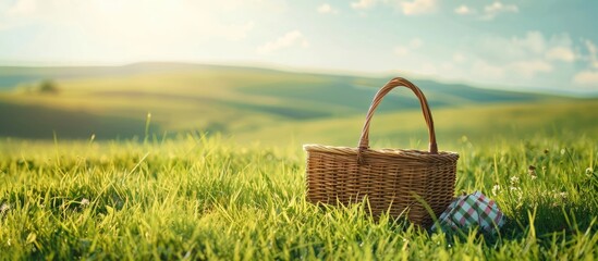 Aufkleber - On green grass, a picnic basket against the backdrop of the landscape. A backdrop for relaxing and spending the weekend. Picnic and relaxation. with copy space image. Place for adding text or design