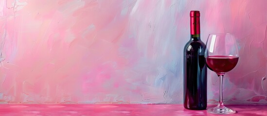 Poster - Red Wine bottle and glass pastel background  Abstract. with copy space image. Place for adding text or design