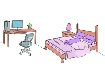 Poster - continuous one line drawing stylish bedroom with full furniture modern. spacious modern design. equi