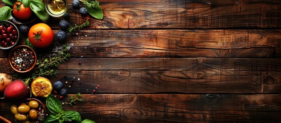 Aufkleber - Selection of food that is good for the health and skin, rustic wood background. with copy space image. Place for adding text or design