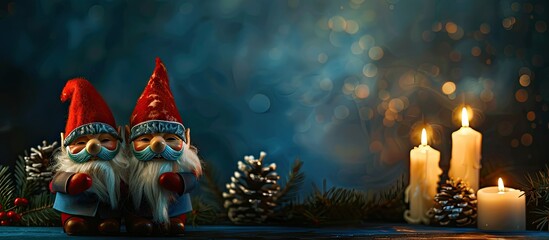 Aufkleber - gnome couple with mask and candles. with copy space image. Place for adding text or design