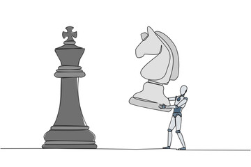 Poster - Continuous one line drawing smart robotic holds horse chess to beat king chess. Strategic planning, business development strategy, tactic entrepreneurship. Single line draw design vector illustration