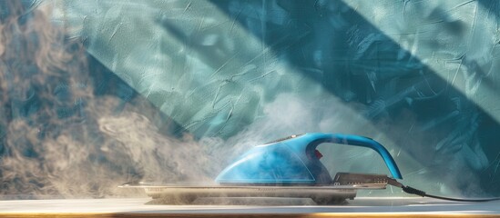 Aufkleber - Steam blue iron on ironing board. Clothes, ironing board household concept. Copy space image. Place for adding text or design