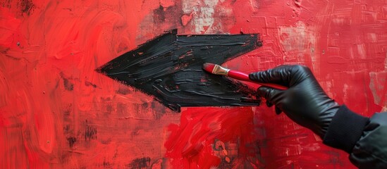 Wall Mural - The hand in the black glove holds the brush. On the wall with red paint draws an arrow. with copy space image. Place for adding text or design