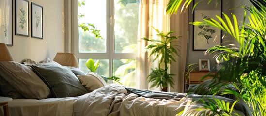 Wall Mural - Comfortable bedroom with green plants and pictures on wall. Interior design. with copy space image. Place for adding text or design