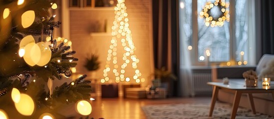 Poster - New Year home decoration with light and garlands. Perfect home decoration with light of garlands with new year tree. with copy space image. Place for adding text or design