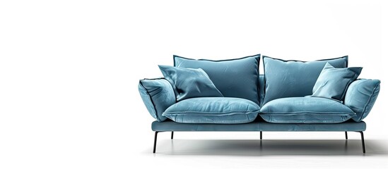 Light blue fabric sofa on black metal legs isolated on white background with clipping path. Series of furniture. with copy space image. Place for adding text or design