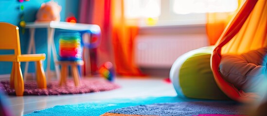 Poster - Defocused and Blur Photo of Modern and Colorful Kids Bedroom Interior Design. with copy space image. Place for adding text or design