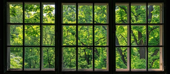 Poster - Vertical Bright window with trees outside the master. with copy space image. Place for adding text or design