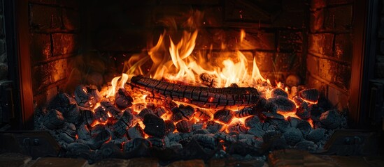 Poster - fire and hot coals from near the fireplace,beautiful fire,hot coals,fire in the fireplace. with copy space image. Place for adding text or design