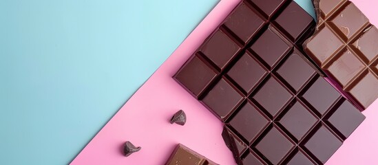 Fototapete - Dark chocolate bars on a pastel background Chocolate. with copy space image. Place for adding text or design