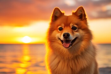 Wall Mural - Portrait of a smiling finnish spitz while standing against vibrant beach sunset background