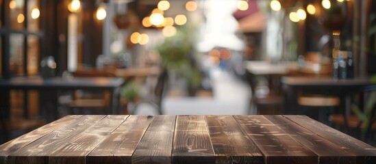Aufkleber - Selected focus empty brown wooden table and Coffee shop or restaurent blur background with bokeh image. for your photomontage or product display. with copy space image
