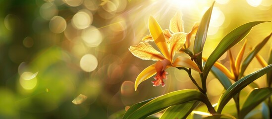 Fototapete - Yellow damaged leaf of an orchid plant standing in the sun . with copy space image. Place for adding text or design