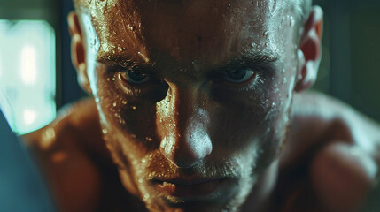 A close-up shot of a fitness model's focused expression as they bench press heavy weights in a well-lit gym.