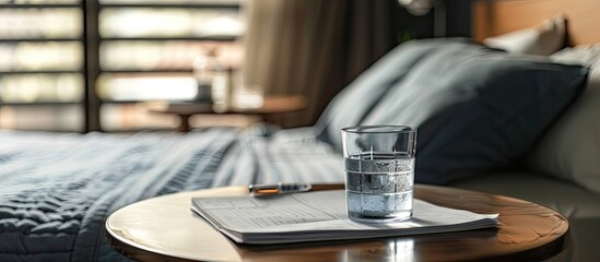 Poster - a glass of water with paper and pen on a side table next to a bed in a modern bedroom. with copy space image. Place for adding text or design