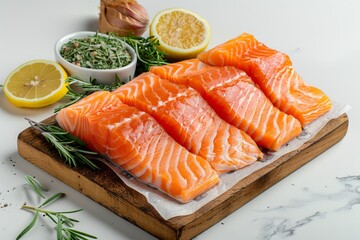 Wall Mural - Raw Salmon Fillets on Wooden Board with Herbs and Lemon
