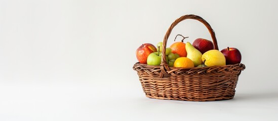 Leinwandbilder - Wicker basket with different fruits on white background. Copy space image. Place for adding text or design