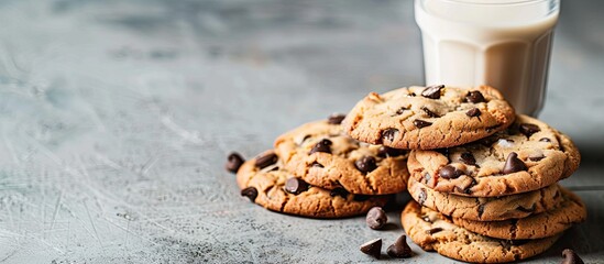 Fototapete - Group of homemade Chocolatechip cookies on the cement table with glass of milk. pastel background. with copy space image. Place for adding text or design