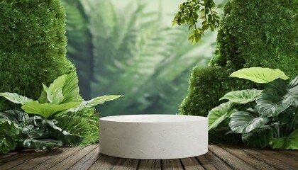  Podium background product green nature 3D forest stand white plant. Cosmetic background