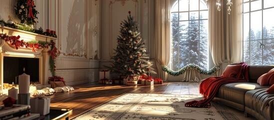 Poster - Happy Holiday! A beautiful living room decorated for Christmas. with copy space image. Place for adding text or design