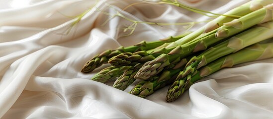 Aufkleber - Horizontal close up shot of a bundle of asparagus over a white fabric pastel background. with copy space image. Place for adding text or design