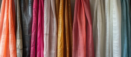 Poster - Beautiful curtains of different colors hang on the stand for sale. Curtains hang on the stand in the store. with copy space image. Place for adding text or design