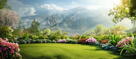 Fototapete - Beautiful garden backdrop with mountains and forests. with copy space image. Place for adding text or design
