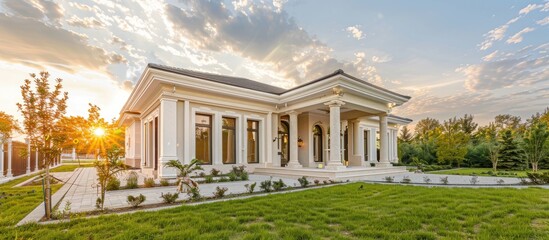 Poster - Beautiful exterior of newly built luxury home. Has yard with green grass and stately columns. with copy space image. Place for adding text or design