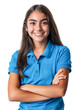 © Pajaros Volando - Smiling Hispanic teenage girl wearing a blue polo shirt, arms crossed, posing confidently against a transparent background.