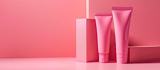 Poster - Blank opened and closed pink tube container packaging on pastel background. Include clipping path around tube. . with copy space image. Place for adding text or design