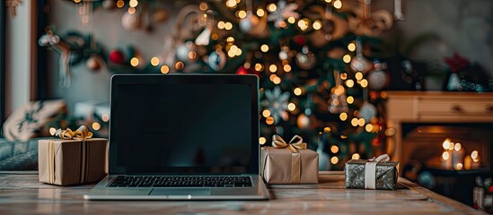 Poster - Laptop with blank screen on a desktop at home, Christmas gifts and decorated tree in the background. with copy space image. Place for adding text or design