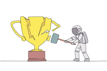 Poster - Single continuous line drawing young astronaut preparing to hit the big trophy. Rampage. Expressing mounting anger. Smashing the trophy with a sledgehammer. Failed. One line design vector illustration